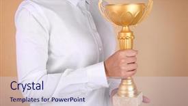  Presentation with trophy - PPT layouts with greatest achievement - woman holding trophy cup background and a sky blue colored foreground