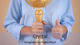  Presentation with champion golden trophy cup - PPT theme having greatest achievement - woman holding trophy cup background and a  colored foreground