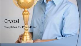  Presentation with trophy - PPT theme having greatest achievement - woman holding trophy cup background and a light blue colored foreground