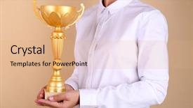  Presentation with trophy - Beautiful PPT theme featuring greatest achievement - woman holding trophy cup backdrop and a coral colored foreground
