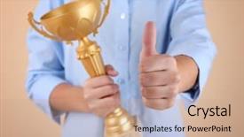  Presentation with champion golden trophy cup - Slides featuring greatest achievement - woman holding trophy cup background and a coral colored foreground