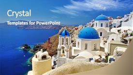  Presentation with greece blue - Colorful PPT layouts enhanced with greece - white-blue santorini - view backdrop and a teal colored foreground