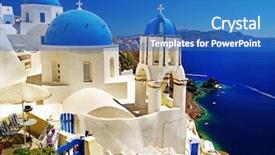 Presentation with greece blue - Audience pleasing presentation theme consisting of greece - white-blue santorini - view backdrop and a teal colored foreground