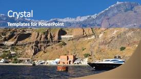  Presentation with luxury yacht - Amazing PPT theme having greece santorini island coast with luxury yacht backdrop and a teal colored foreground