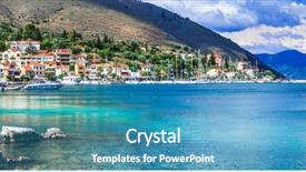  Presentation with green travel - Presentation consisting of greece travel - picturesque coastal village background and a teal colored foreground