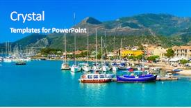  Presentation with green travel - Colorful presentation enhanced with greece travel - picturesque nidri bay backdrop and a teal colored foreground