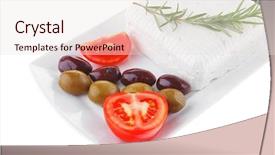  Presentation with white plate - Presentation theme featuring greek culture - image feta cube and olive background and a sky blue colored foreground