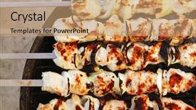  Presentation with cooking rotisserie chicken - Slide deck consisting of greek fire - grilled and raw chicken shish background and a  colored foreground