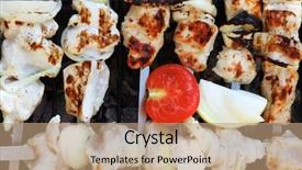  Presentation with cooking rotisserie chicken - Slides with greek fire - grilled and raw chicken shish background and a  colored foreground