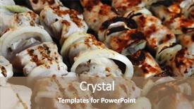  Presentation with cooking rotisserie chicken - Slide deck featuring greek fire - grilled and raw chicken shish background and a  colored foreground