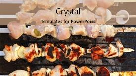  Presentation with cooking rotisserie chicken - Presentation theme having greek fire - grilled and raw chicken shish background and a  colored foreground