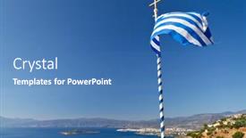  Presentation with greek - Presentation design enhanced with greek flag on the wind at mirabello bay crete background and a teal colored foreground