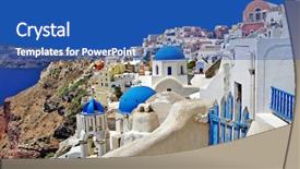  Presentation with white and navy blue - Audience pleasing slide set consisting of greek island - beautiful white-blue santorini backdrop and a  colored foreground