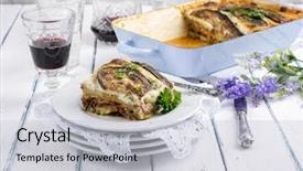  Presentation with greek - PPT theme having greek moussaka with ground meat background and a light gray colored foreground