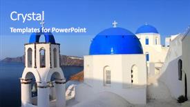  Presentation with greek architecture - Amazing slide deck having greek orthodox church with ferry backdrop and a teal colored foreground