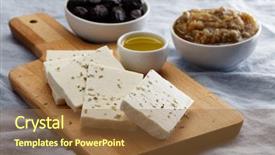  Presentation with greek feta cheese famous dairy - Colorful slide deck enhanced with greek salad - sliced feta cheese olives olive backdrop and a  colored foreground