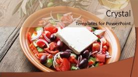  Presentation with greek feta cheese famous dairy - Colorful theme enhanced with greek salad with goat's backdrop and a coral colored foreground