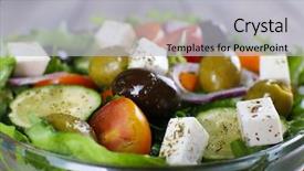  Presentation with greek - Presentation theme consisting of greek salad in glass dish background and a light gray colored foreground