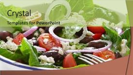  Presentation with enamel - Amazing slides having greek salad in old enamel bowl on wooden table backdrop and a yellow colored foreground