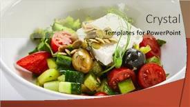  Presentation with food white - PPT theme featuring greek-salad-in-white-bowl background and a mint green colored foreground