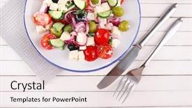  Presentation with napkin - PPT theme enhanced with greek salad served in plate on napkin on wooden background background and a sky blue colored foreground
