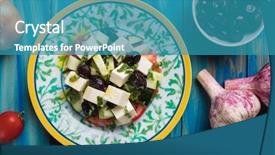  Presentation with feta cheese - Slide set consisting of greek salad with feta cheese background and a teal colored foreground