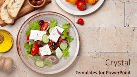  Presentation with feta cheese - Presentation theme featuring greek-salad-with-fresh-vegetables background and a coral colored foreground