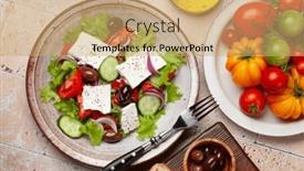  Presentation with feta cheese - Slide set with greek-salad-with-fresh-vegetables background and a coral colored foreground