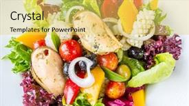  Presentation with seafood - Presentation theme with greek seafood salad bowl cuisine background and a yellow colored foreground