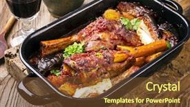  Presentation with sauce - Slide deck with greek sheep - lamb knuckls braised in tomato background and a tawny brown colored foreground