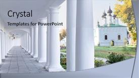  Presentation with greek pillars - Colorful PPT theme enhanced with greek solider - pillars and arch hallway perspective backdrop and a  colored foreground