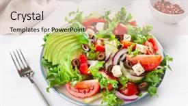  Presentation with feta cheese - Audience pleasing theme consisting of greek style avocado tomato salad backdrop and a lemonade colored foreground