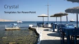  Presentation with santorini - Audience pleasing presentation design consisting of greek taverna that includes a table in the middle of the sea near akrotiri santorini backdrop and a light blue colored foreground