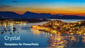  Presentation with greek - Audience pleasing presentation design consisting of greek-town-poros-at-night backdrop and a ocean colored foreground