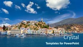  Presentation with greek - Cool new slides with greek-town-poros-at-sunny backdrop and a ocean colored foreground