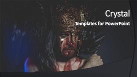  Presentation with warrior - Beautiful presentation theme featuring greek war sword - bearded man warrior with metal backdrop and a dark gray colored foreground