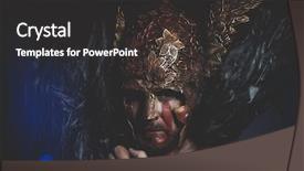  Presentation with sword shield - Audience pleasing presentation design consisting of greek war sword - bearded man warrior with metal backdrop and a dark gray colored foreground