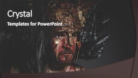  Presentation with warrior - Presentation design enhanced with greek war sword - bearded man warrior with metal background and a dark gray colored foreground