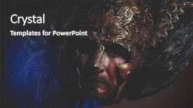  Presentation with warrior - Beautiful presentation theme featuring greek war sword - bearded man warrior with metal backdrop and a dark gray colored foreground