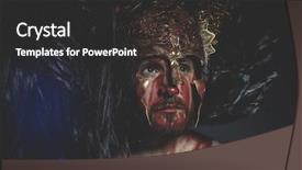  Presentation with sword shield - Presentation theme featuring greek war sword - bearded man warrior with metal background and a dark gray colored foreground