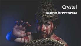  Presentation with warrior - Presentation design having greek war sword - soldier bearded man warrior background and a dark gray colored foreground