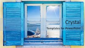  Presentation with subtle blue green - Cool new slide set with greek window with blue shutters backdrop and a light blue colored foreground