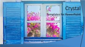  Presentation with greek - Amazing PPT layouts having greek window with blue shutters backdrop and a light blue colored foreground