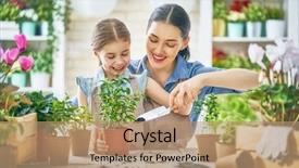  Presentation with mother child - PPT theme having green - cute child girl helping her background and a coral colored foreground