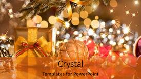  Presentation with christmas tree - PPT theme with 2016 green - christmas gift box and baubles background and a gold colored foreground