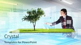  Presentation with high tech - Slide set featuring green advanced - image of young businessman touching background and a cool aqua colored foreground