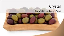  Presentation with olive green - Presentation theme with green and black olives in an olive wood bowl over white background background and a white colored foreground