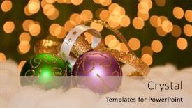  Presentation with purple gold - Audience pleasing slides consisting of green and purple gold adorned christmas ball ornaments against christmas light background backdrop and a lemonade colored foreground