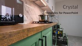  Presentation with kitchen furniture - PPT theme with green-and-white-colored-modern background and a coral colored foreground