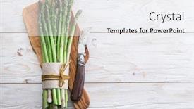  Presentation with asparagus - PPT theme having green and white types of asparagus sprouts on wooden table top view background and a white colored foreground